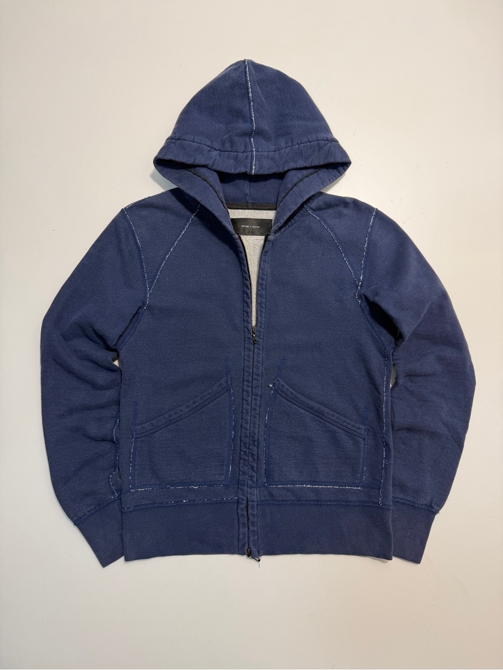 Wings + Horns Exposed Seams French Terry Full Zip Hoody Mens Small Navy Blue